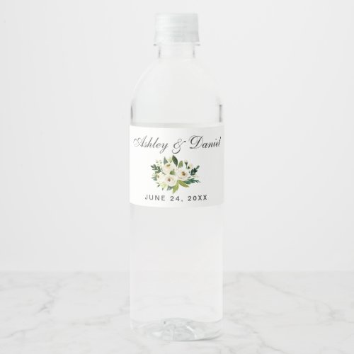 Green White Watercolor Floral Wedding Water Bottle Label