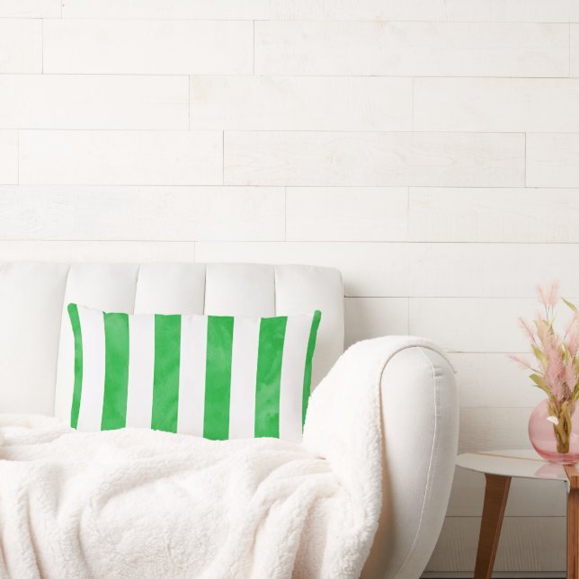 Green & White Watercolor Stripes Lumbar Pillow (Couch)