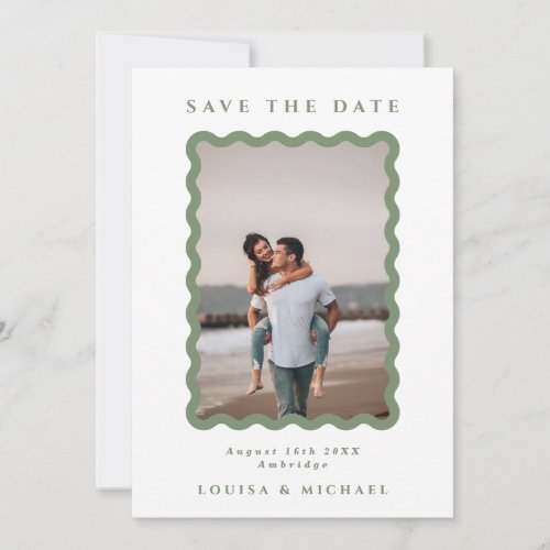 Green  White Wavy Frame Photo QR Code Wedding Save The Date