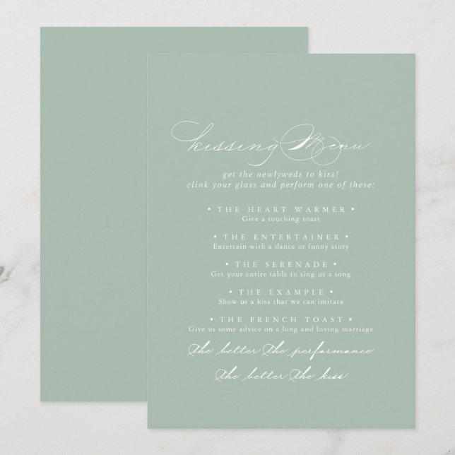 Green White Wedding Kissing Menu Game Card (Front/Back)