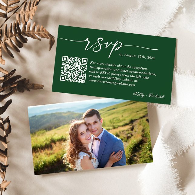 Green White Wedding RSVP Website QR Code Photo Enclosure Card (Creator Uploaded)