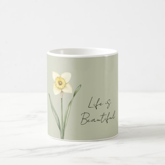 Green White Yellow Daffodil Flower Coffee Mug (Center)