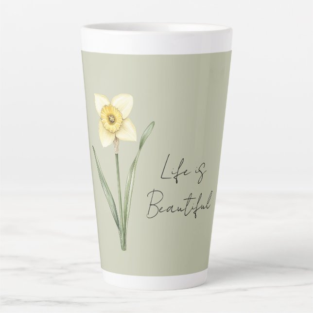 Green White Yellow Daffodil Flower Latte Mug (Front)