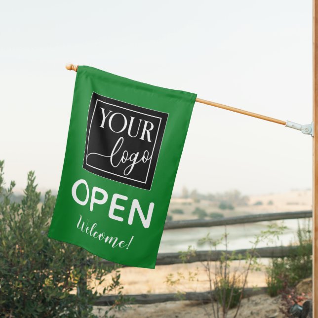 Green White Your Logo Open Welcome House Flag (Insitu (Back))