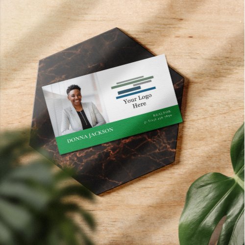 Green White Your Photo  Logo Professional Business Card