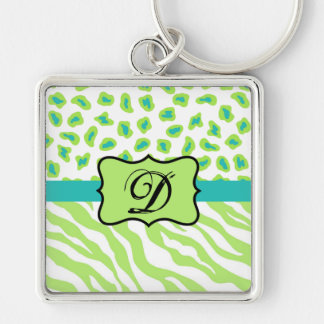 Green White Zebra Leopard Skin Monogram Initial Keychain