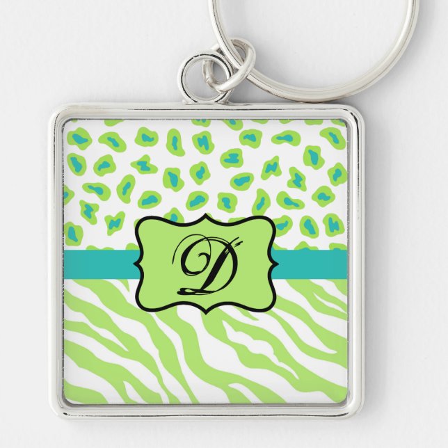 Green White Zebra Leopard Skin Monogram Initial Keychain (Front)