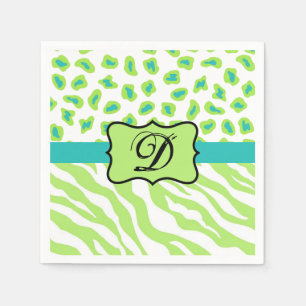 Green White Zebra Leopard Skin Monogram Initial Paper Napkins