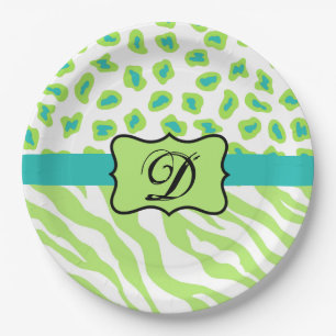 Green White Zebra Leopard Skin Monogram Initial Paper Plates