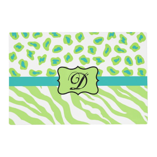 Green White Zebra Leopard Skin Monogram Initial Placemat (Front)