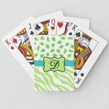 Green White Zebra Leopard Skin Monogram Initial Playing Cards by phyllisdobbs at Zazzle