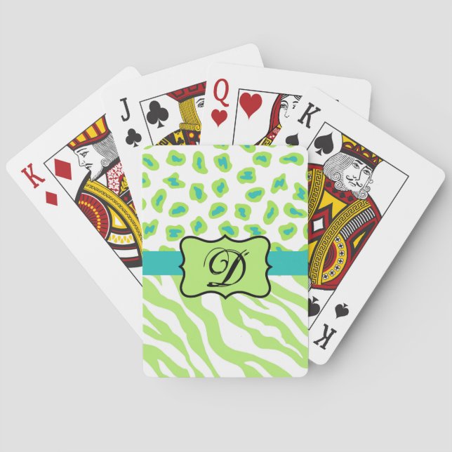 Green White Zebra Leopard Skin Monogram Initial Poker Cards (Back)