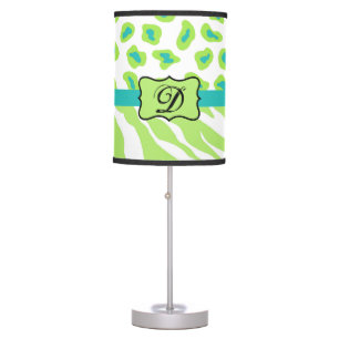 Green White Zebra Leopard Skin Monogram Initial Table Lamp
