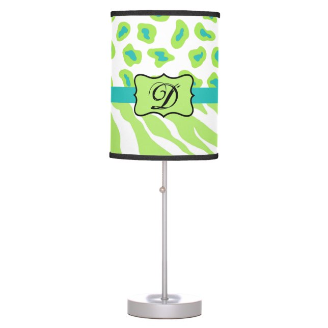 Green White Zebra Leopard Skin Monogram Initial Table Lamp (Front)