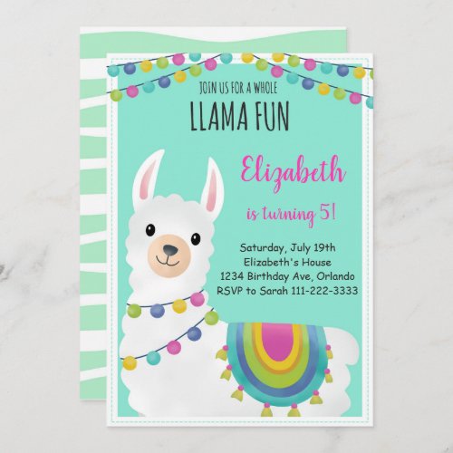Green Whole Llama Fun Birthday Invitation