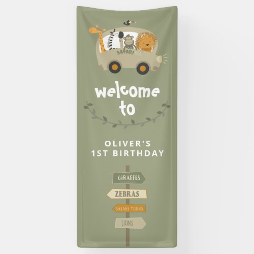 Green Wild One Safari Animals First Birthday Banner