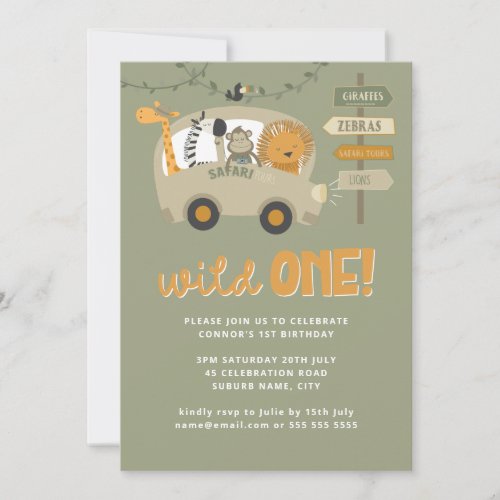 Green Wild One Safari Animals First Birthday  Invi Invitation