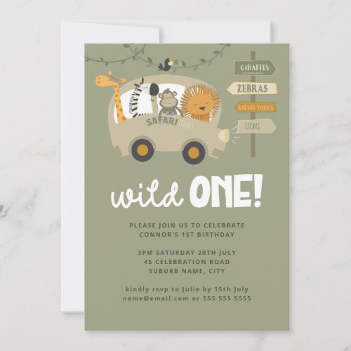 Green Wild One Safari Animals First Birthday  Invitation