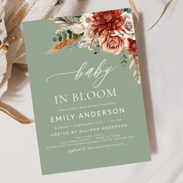 Green Wildflower Baby in Bloom Autumn Baby Shower Invitation (Creator Uploaded)