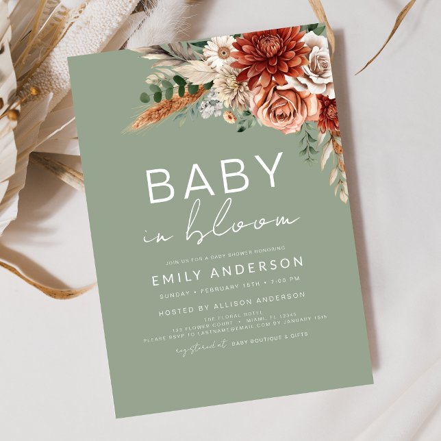 Green Wildflower Baby in Bloom Autumn Baby Shower Invitation (Creator Uploaded)