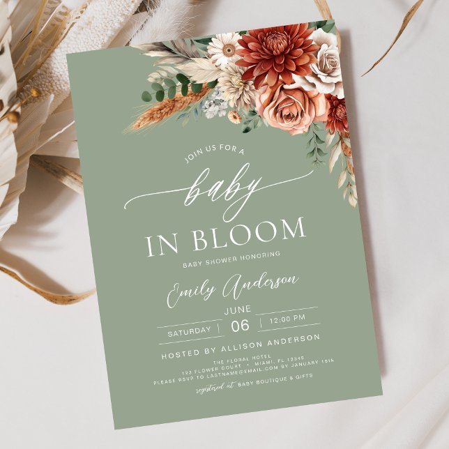 Green Wildflower Baby in Bloom Autumn Baby Shower Invitation (Creator Uploaded)