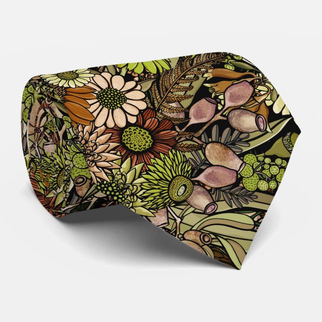 Green Wildflower Garden Pattern Neck Tie (Rolled)