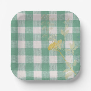 Green Wildflower Gingham Plaid Farmhouse Paper Plates