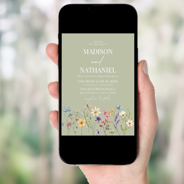Green Wildflower Wild Flower Floral Garden Wedding Invitation (Front Digital)