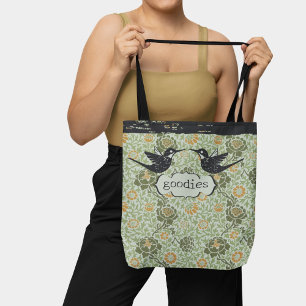 Green William Morris Floral Stamp Hummingbird Name Tote Bag