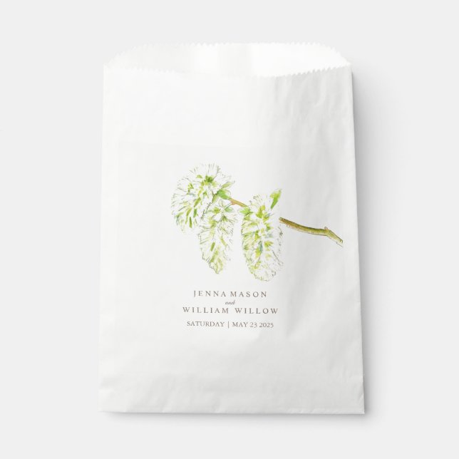 Green willow catkins watercolor wedding favor bag (Front)
