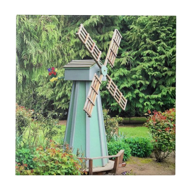 Green Windmill Garden Decor Ceramic Tile (Front)