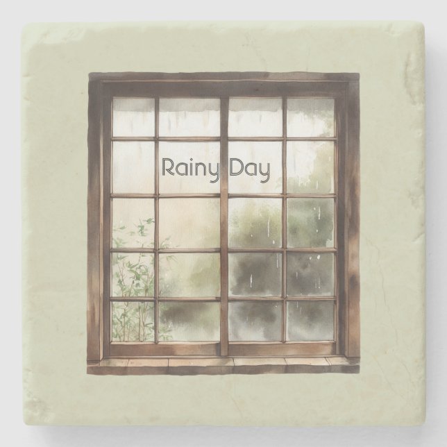 Green Window Rainy Day Stone Coaster (Front)