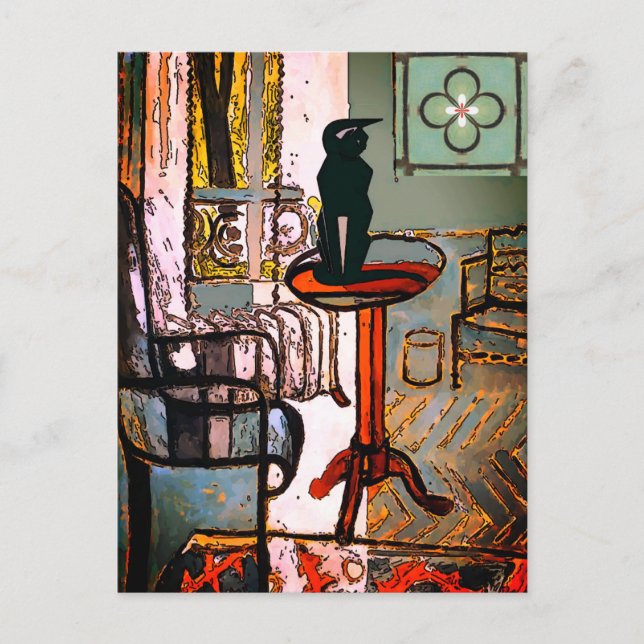 Green Window with Art Deco Cat Postcard (Front)