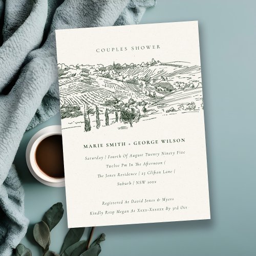 Green Winery Mountain Sketch Couples Shower Invite