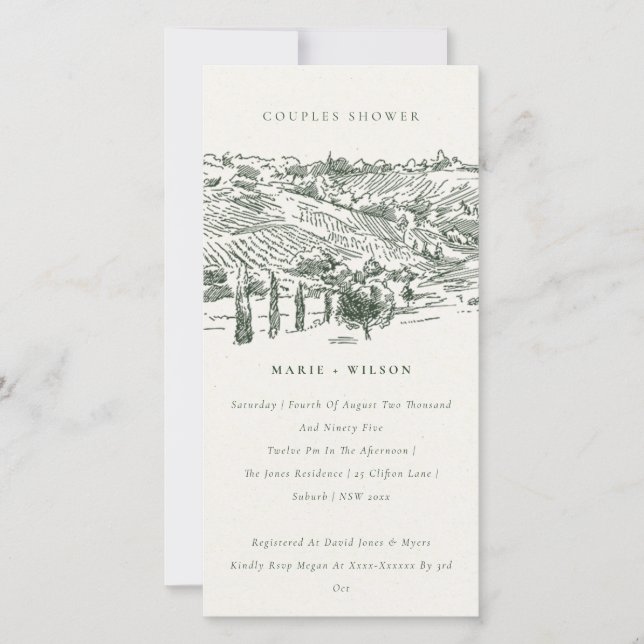 Green Winery Mountain Sketch Couples Shower Invite (Front)