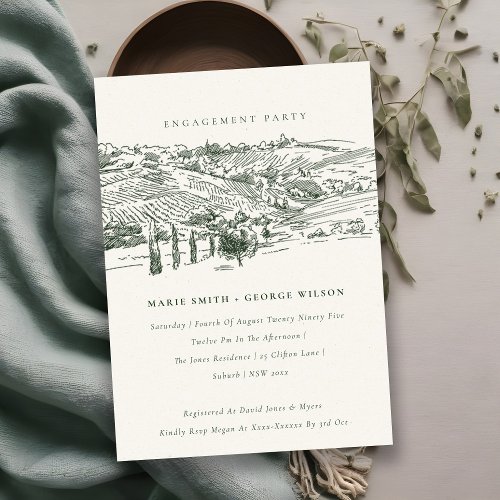 Green Winery Mountain Sketch Engagement Invite