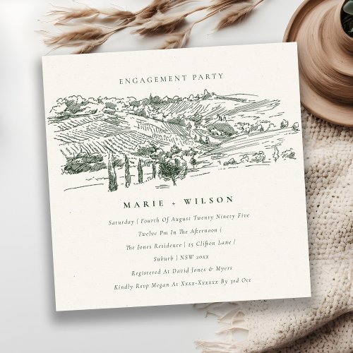 Green Winery Mountain Sketch Engagement Invite