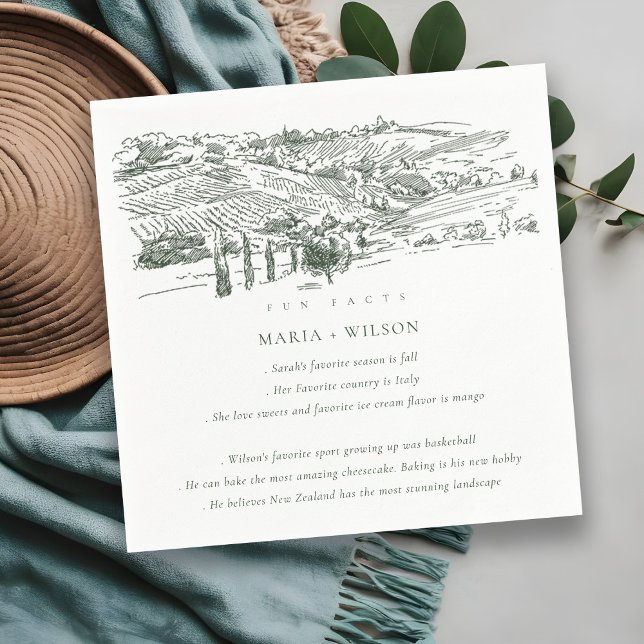Green Winery Mountain Sketch Wedding Fun Facts Napkins (Creator Uploaded)