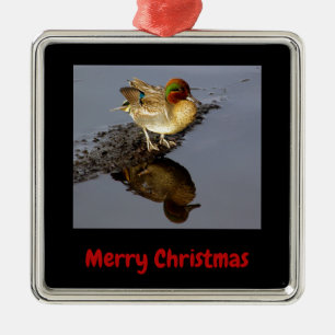 Green Wing Teal Duck Black Merry Christmas Framed Metal Ornament