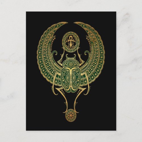 Green Winged Egyptian Scarab Beetle Black Postcard