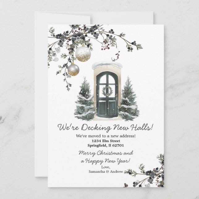 Green Winter Christmas New Address Announcement (Front)