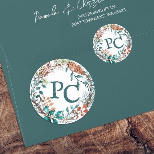 Green Winter Eucalyptus Pinecone Wreath Initials Classic Round Sticker