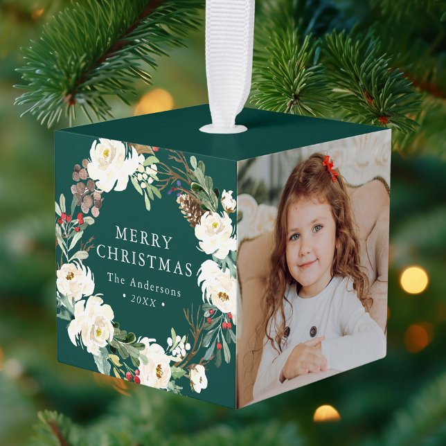 Green | Winter Floral Wreath Photo Cube Ornament (Creator Uploaded)