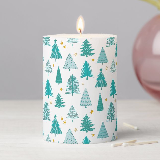Green Winter Forest Christmas Tree Pattern Pillar Candle (In Situ)
