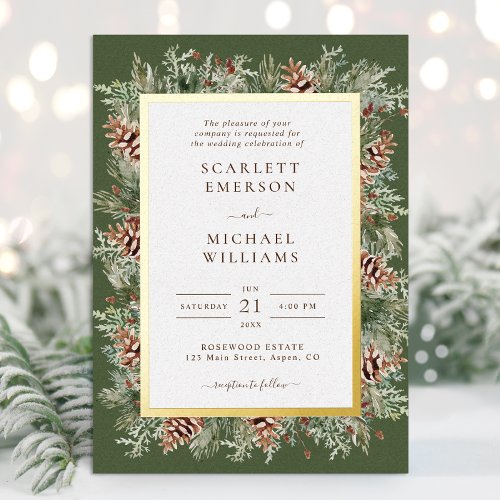 Green Winter Gold Foil Wedding Invitations