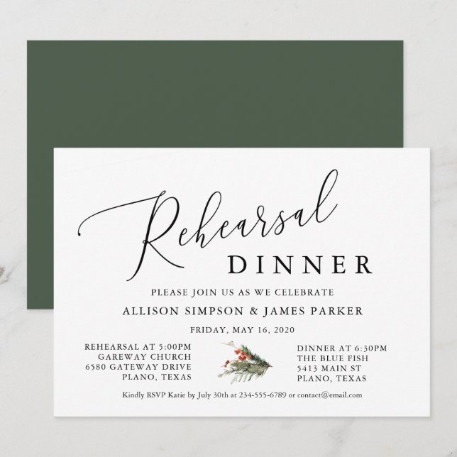 Green Winter Holiday Rehearsal Dinner Invitation (Front/Back)