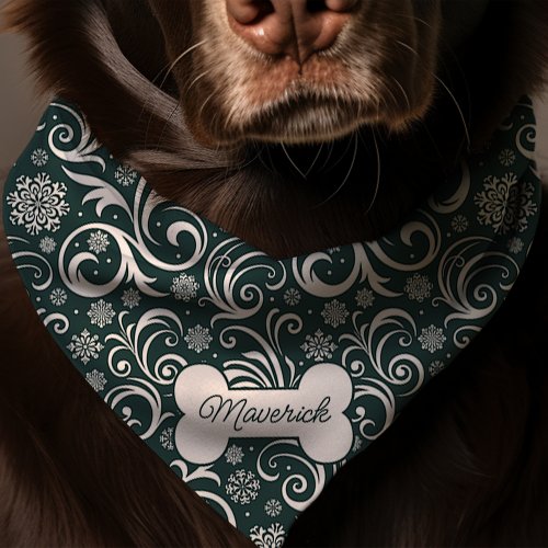 Green Winter Holiday Snowflake Swirl Pattern Dog Bandana