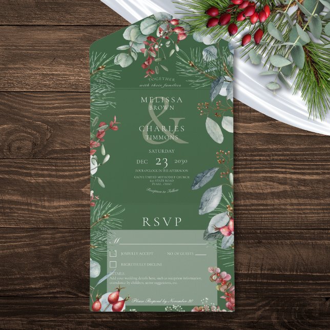 Green Winter Pine Berries Eucalyptus No Dinner All In One Invitation (Green Winter Pine Berries Eucalyptus No Dinner All In One Invitation)