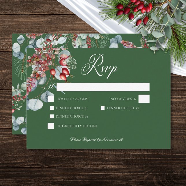 Green Winter Pine Berries Eucalyptus Wedding RSVP Card (Green Winter Pine Berries Eucalyptus Wedding RSVP Card)