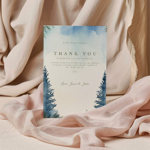 Green winter pine trees wedding table thank you card